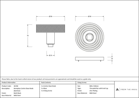 From The Anvil - Matt Black Brompton Centre Door Knob (Beehive) | Sku. 46760 | Trade Door Handles.