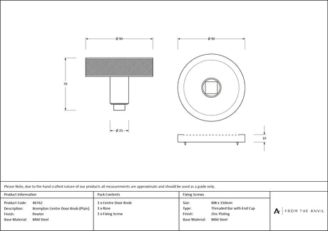 From The Anvil - Pewter Brompton Centre Door Knob (Plain) | Sku. 46762 | Trade Door Handles.
