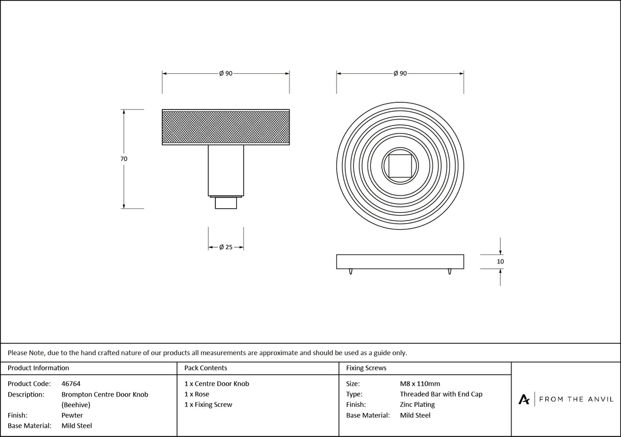 From The Anvil - Pewter Brompton Centre Door Knob (Beehive) | Sku. 46764 | Trade Door Handles.