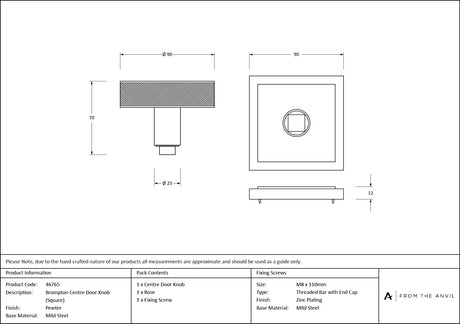From The Anvil - Pewter Brompton Centre Door Knob (Square) | Sku. 46765 | Trade Door Handles.