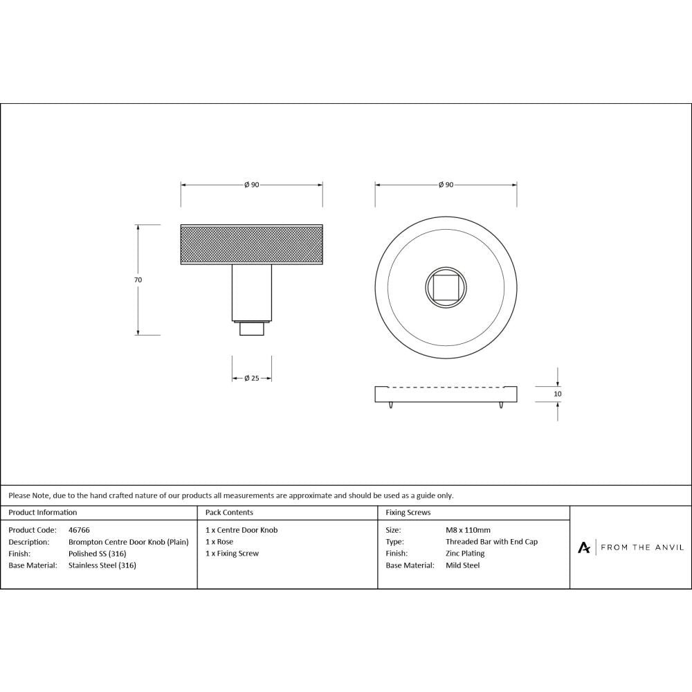 From The Anvil - Polished Marine SS (316) Brompton Centre Door Knob (Plain) | Sku. 46766 | Trade Door Handles.