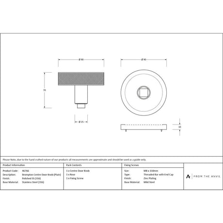From The Anvil - Polished Marine SS (316) Brompton Centre Door Knob (Plain) | Sku. 46766 | Trade Door Handles.