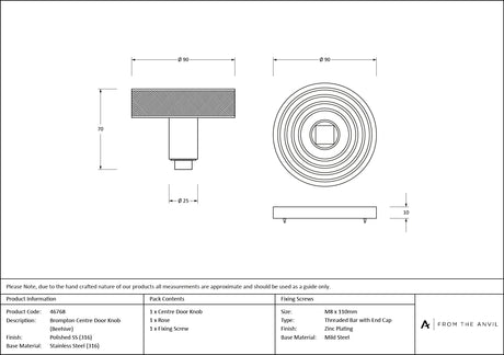 From The Anvil - Polished Marine SS (316) Brompton Centre Door Knob (Beehive) | Sku. 46768 | Trade Door Handles.