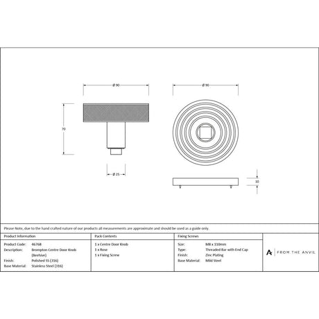 From The Anvil - Polished Marine SS (316) Brompton Centre Door Knob (Beehive) | Sku. 46768 | Trade Door Handles.