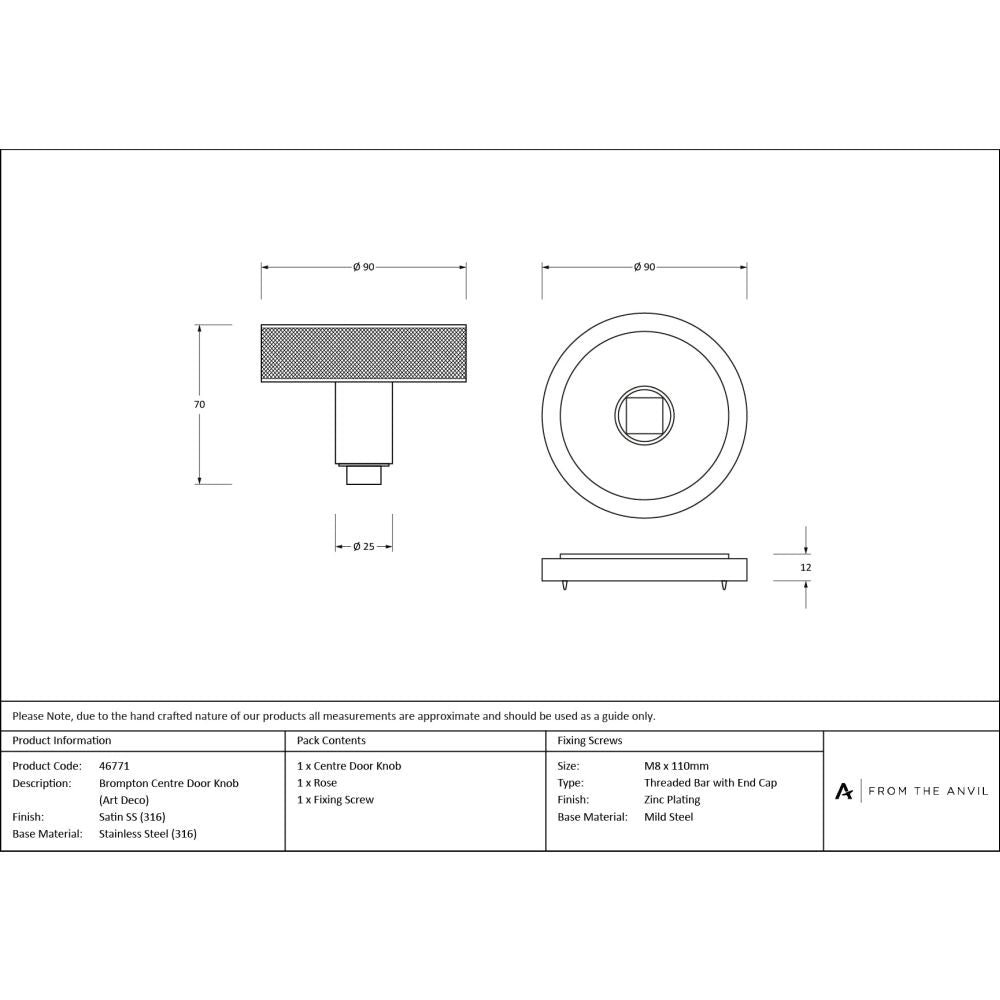 From The Anvil - Satin Marine SS (316) Brompton Centre Door Knob (Art Deco) | Sku. 46771 | Trade Door Handles.