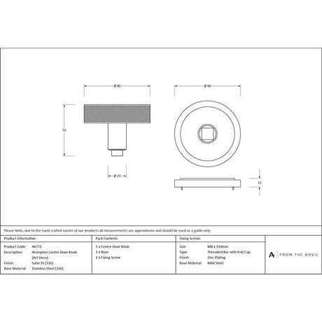 From The Anvil - Satin Marine SS (316) Brompton Centre Door Knob (Art Deco) | Sku. 46771 | Trade Door Handles.