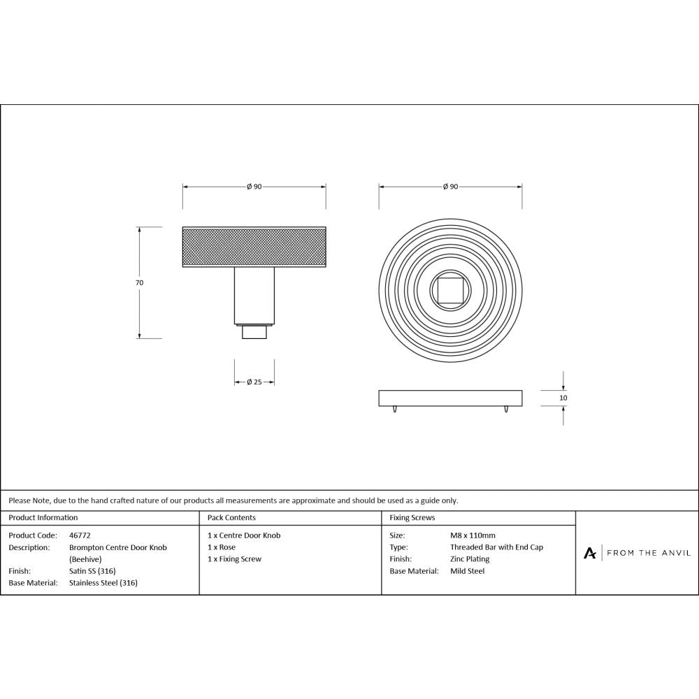 From The Anvil - Satin Marine SS (316) Brompton Centre Door Knob (Beehive) | Sku. 46772 | Trade Door Handles.
