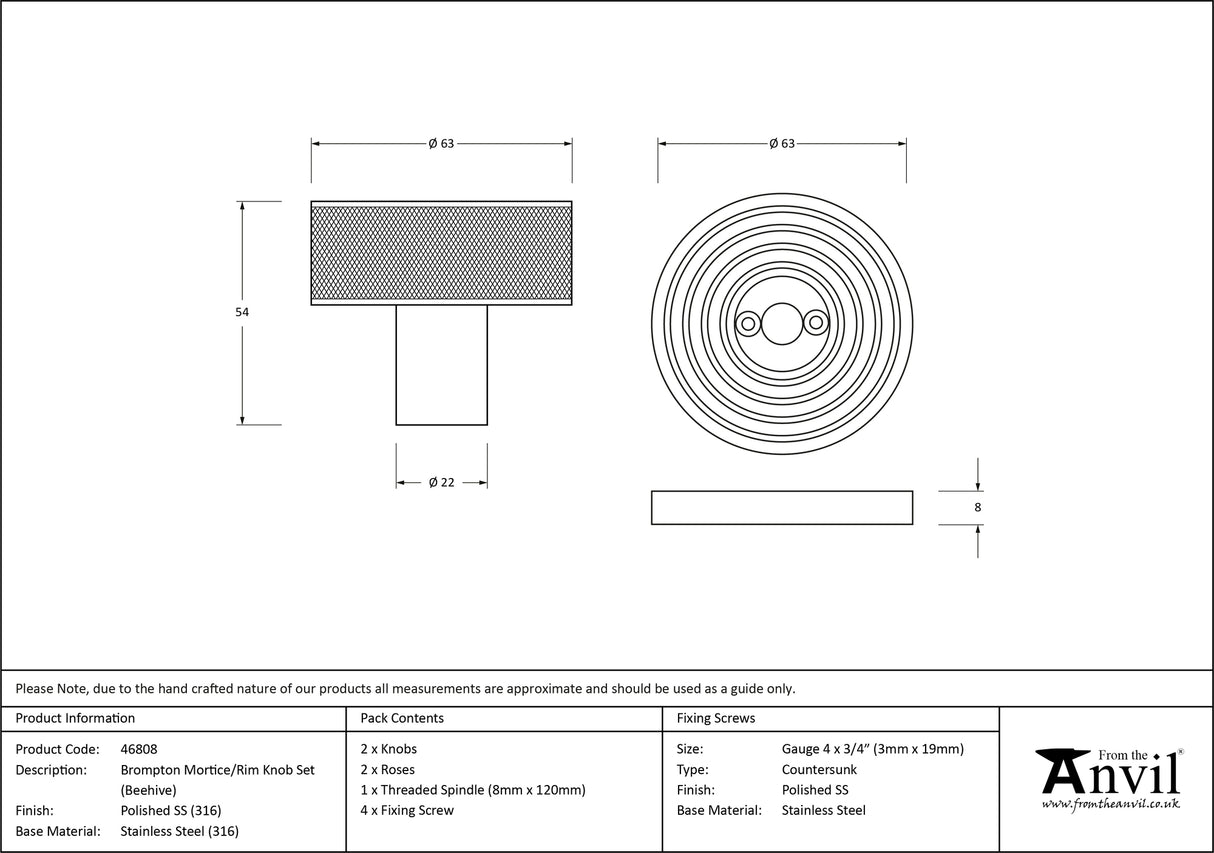 From The Anvil - Polished Marine SS (316) Brompton Mortice/Rim Knob Set (Beehive) | Sku. 46808 | Trade Door Handles.