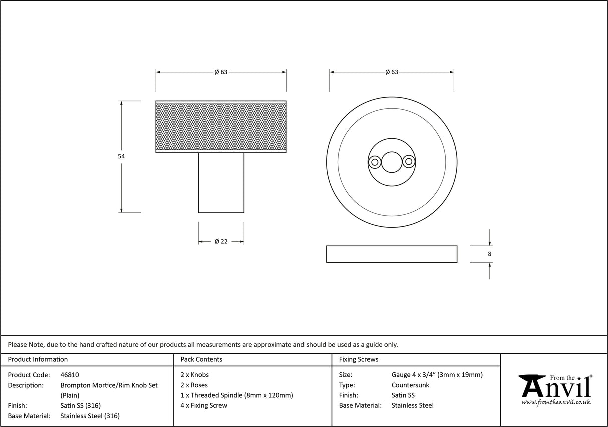 From The Anvil - Satin Marine SS (316) Brompton Mortice/Rim Knob Set (Plain) | Sku. 46810 | Trade Door Handles.