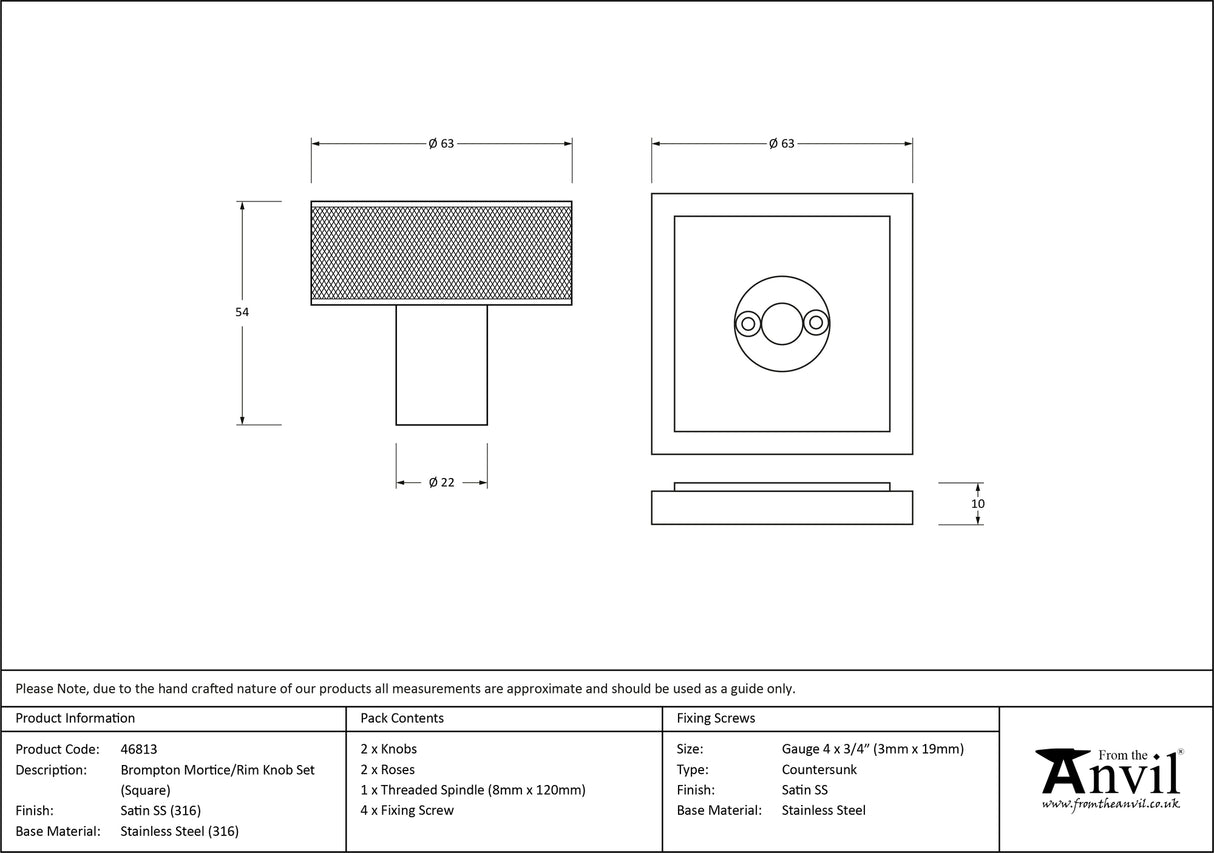 From The Anvil - Satin Marine SS (316) Brompton Mortice/Rim Knob Set (Square) | Sku. 46813 | Trade Door Handles.