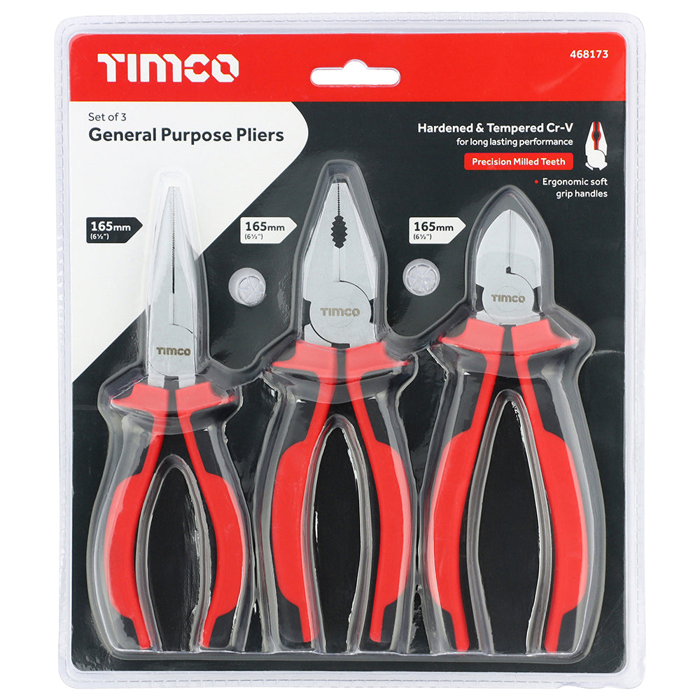 This is an image of Timco - General Purpose Pliers Set 3pcs (3 Pieces Blister Pack) 468173