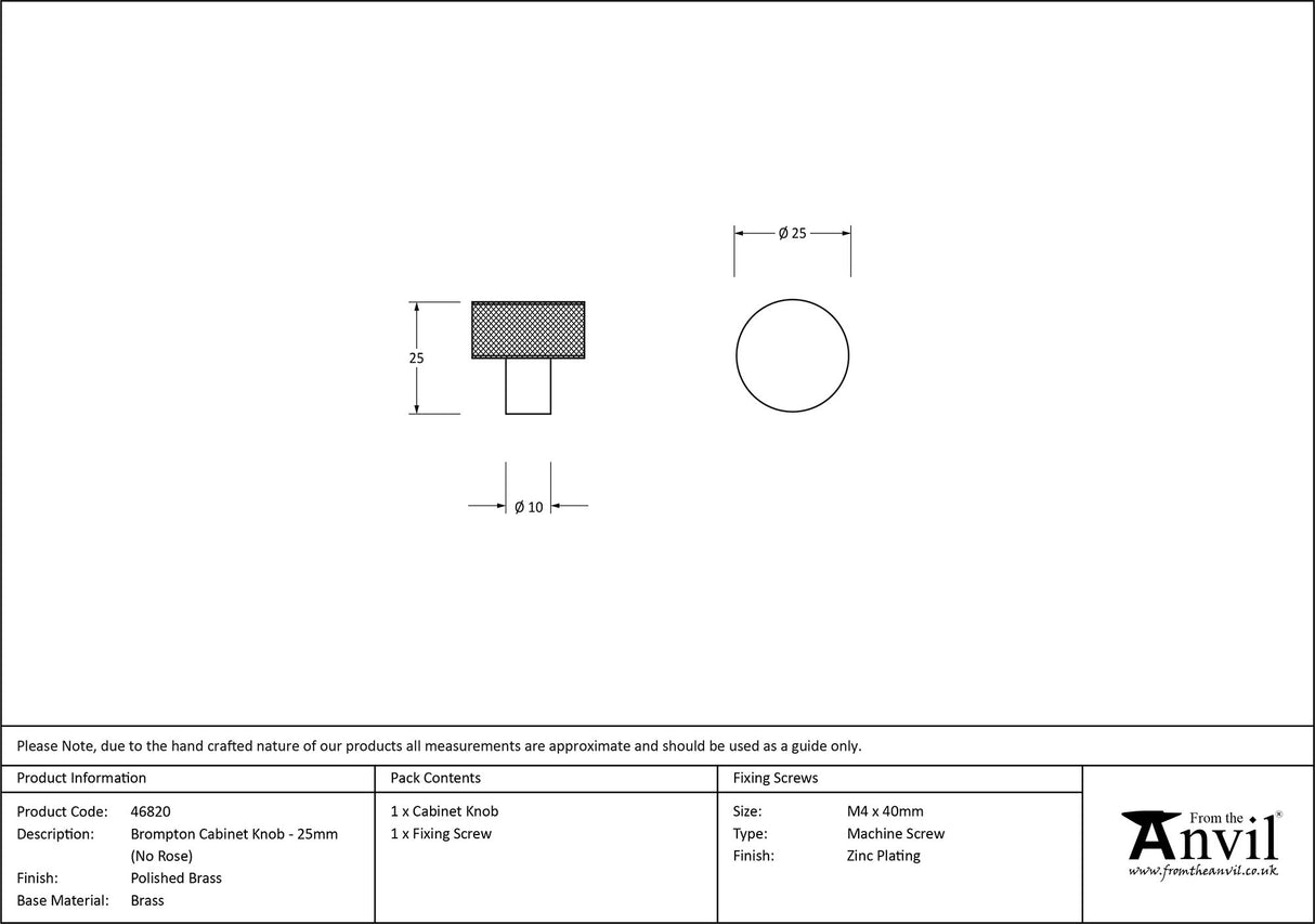 From The Anvil - Polished Brass Brompton Cabinet Knob - 25mm (No rose) | Sku. 46820 | Trade Door Handles.