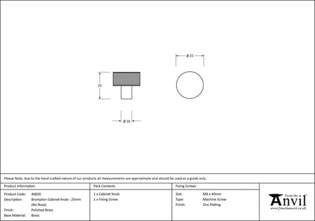 From The Anvil - Polished Brass Brompton Cabinet Knob - 25mm (No rose) | Sku. 46820 | Trade Door Handles.