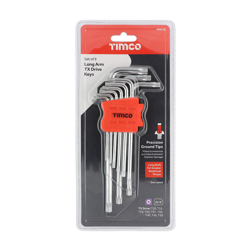 This is an image of Timco - Long Arm TX Drive Key Set 9pcs (9 Pieces Blister Pack) 468222