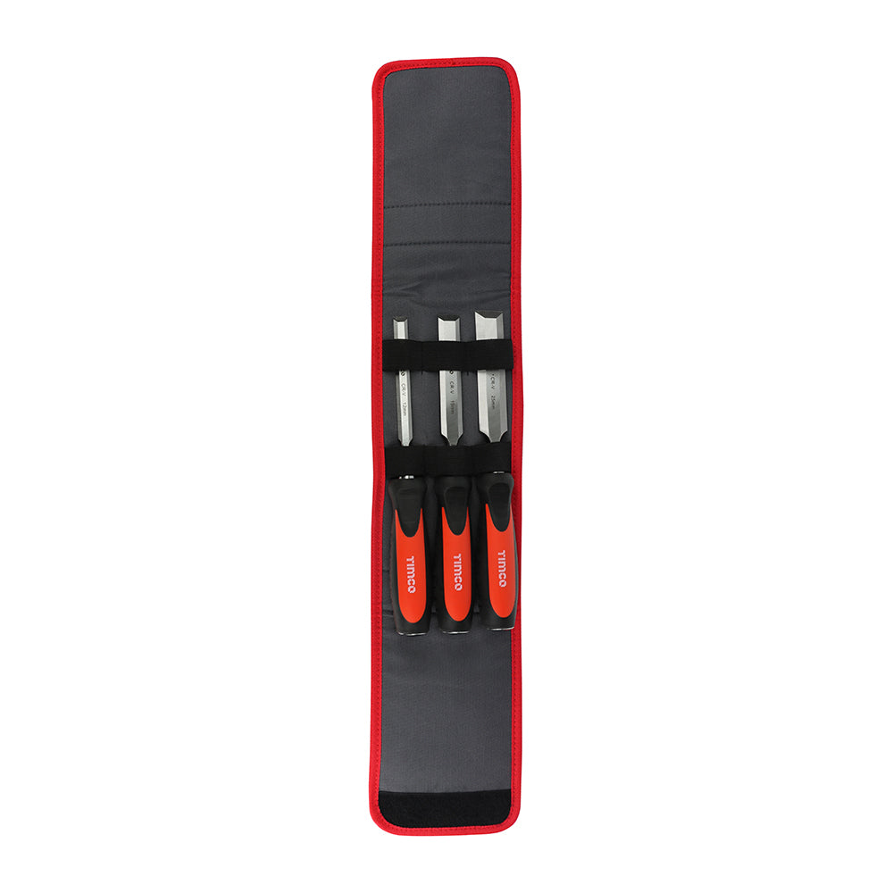 This is an image of Timco - Bevel Edge Wood Chisel Set 3pcs (3 Pieces Blister Pack) 468248