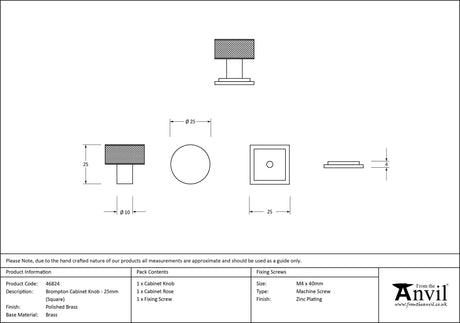 From The Anvil - Polished Brass Brompton Cabinet Knob - 25mm (Square) | Sku. 46824 | Trade Door Handles.