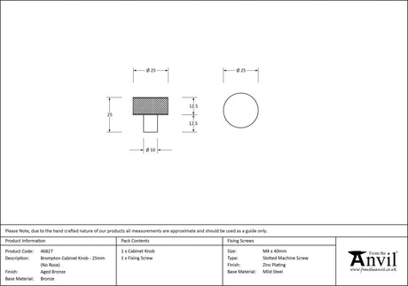 From The Anvil - Aged Bronze Brompton Cabinet Knob - 25mm (No rose) | Sku. 46827 | Trade Door Handles.