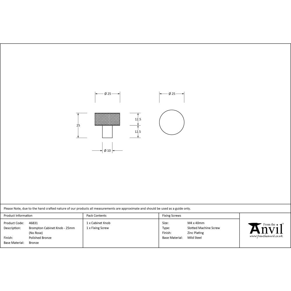 From The Anvil - Polished Bronze Brompton Cabinet Knob - 25mm (No rose) | Sku. 46831 | Trade Door Handles.