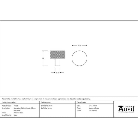 From The Anvil - Polished Brass Brompton Cabinet Knob - 32mm (No rose) | Sku. 46832 | Trade Door Handles.