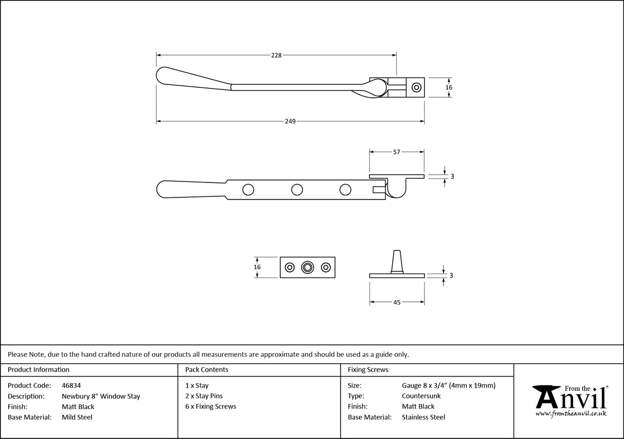 From The Anvil - Matt Black 8" Newbury Stay | Sku. 46834 | Trade Door Handles.