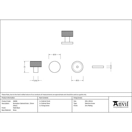 From The Anvil - Matt Black Brompton Cabinet Knob - 25mm (Plain) | Sku. 46838 | Trade Door Handles.