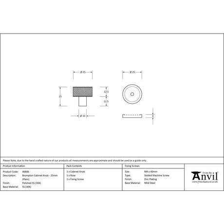 From The Anvil - Polished SS (304) Brompton Cabinet Knob - 25mm (Plain) | Sku. 46846 | Trade Door Handles.