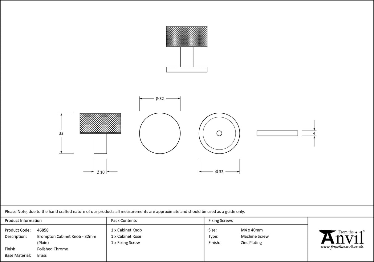 From The Anvil - Polished Chrome Brompton Cabinet Knob - 32mm (Plain) | Sku. 46858 | Trade Door Handles.