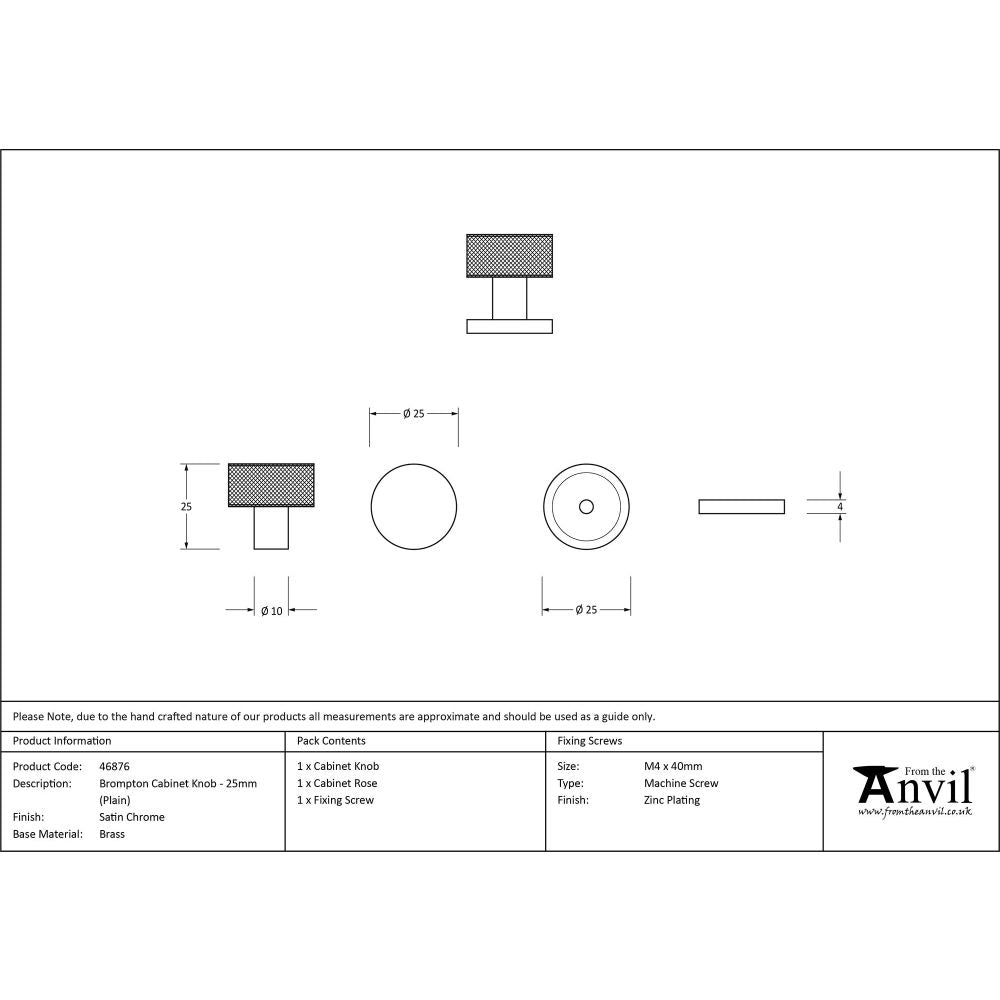 From The Anvil - Satin Chrome Brompton Cabinet Knob - 25mm (Plain) | Sku. 46876 | Trade Door Handles.