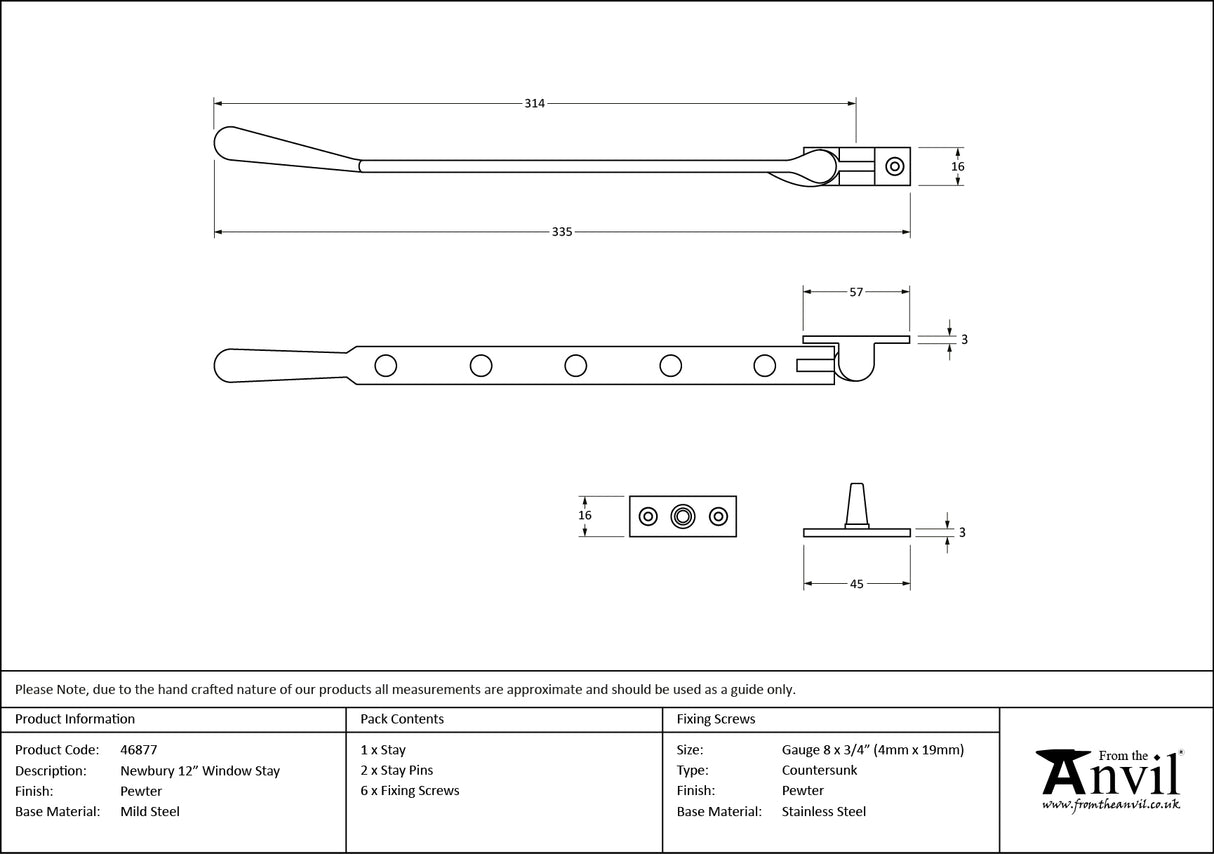 From The Anvil - Pewter 12" Newbury Stay | Sku. 46877 | Trade Door Handles.