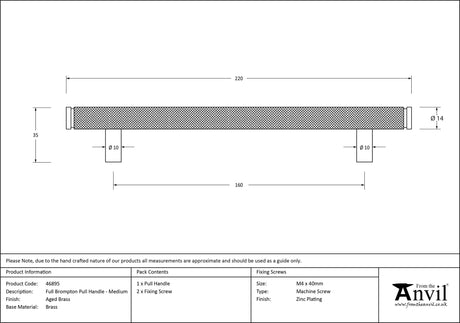 From The Anvil - Aged Brass Full Brompton Pull Handle - Medium | Sku. 46895 | Trade Door Handles.