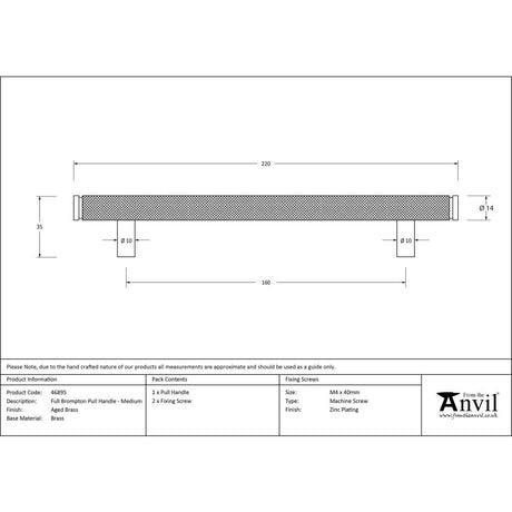 From The Anvil - Aged Brass Full Brompton Pull Handle - Medium | Sku. 46895 | Trade Door Handles.