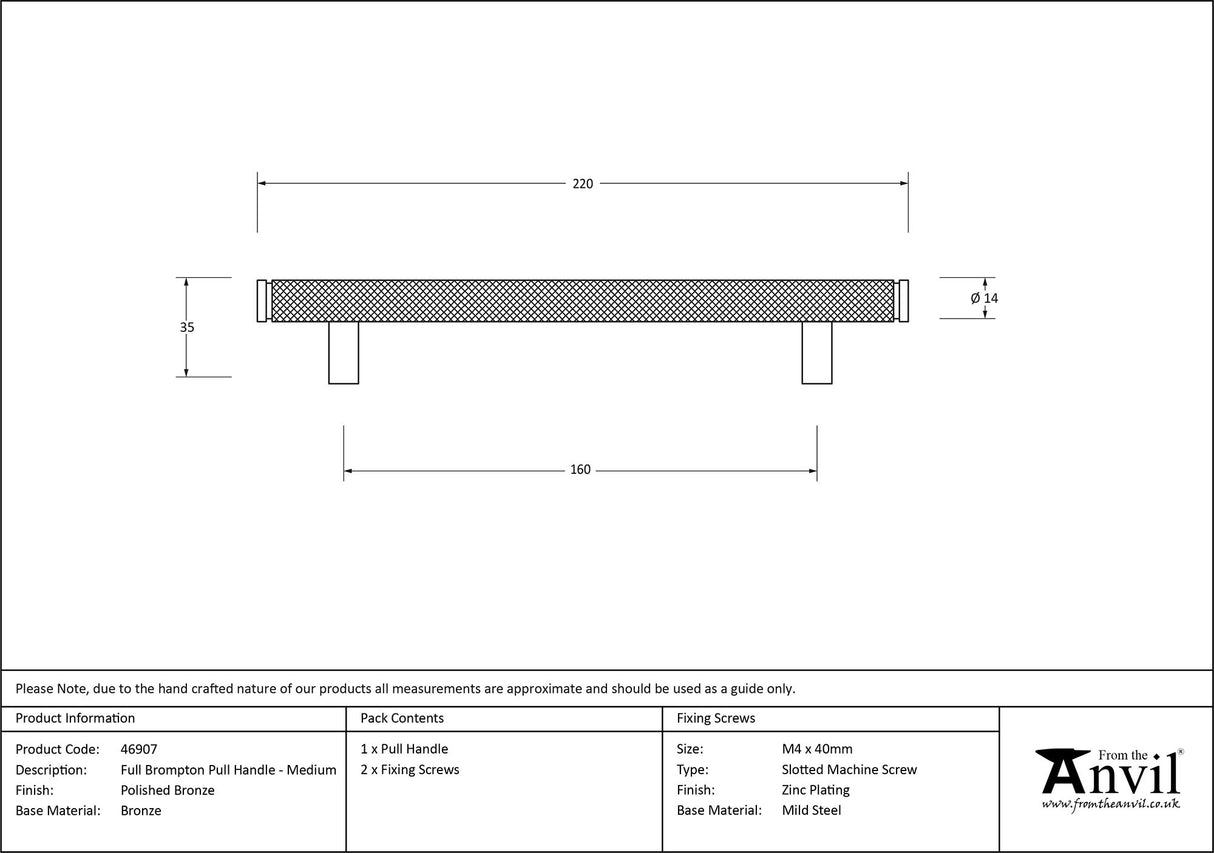From The Anvil - Polished Bronze Full Brompton Pull Handle - Medium | Sku. 46907 | Trade Door Handles.