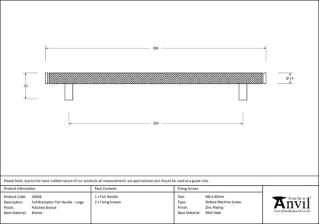 From The Anvil - Polished Bronze Full Brompton Pull Handle - Large | Sku. 46908 | Trade Door Handles.