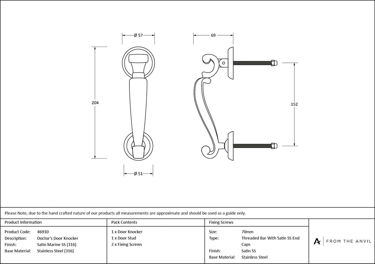 From The Anvil - Satin Marine SS (316) Doctor's Door Knocker | Sku. 46910 | Trade Door Handles.