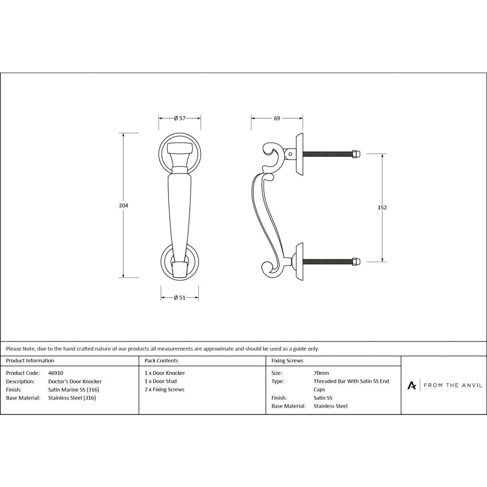 From The Anvil - Satin Marine SS (316) Doctor's Door Knocker | Sku. 46910 | Trade Door Handles.