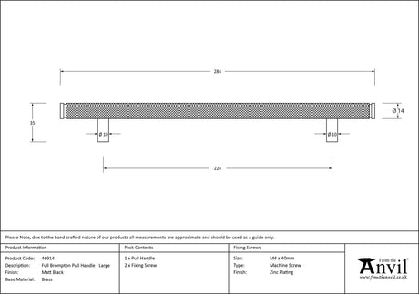 From The Anvil - Matt Black Full Brompton Pull Handle - Large | Sku. 46914 | Trade Door Handles.