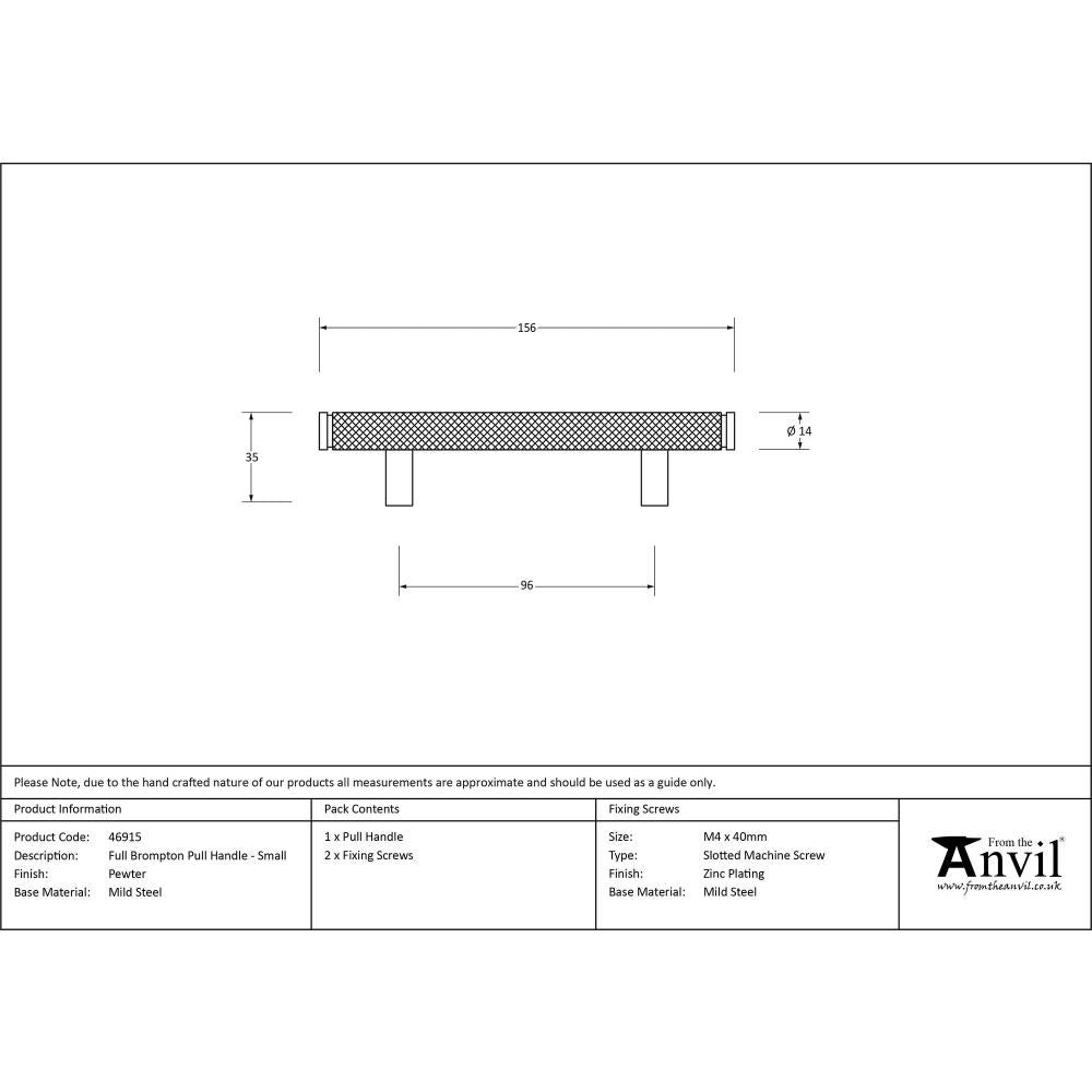 From The Anvil - Pewter Full Brompton Pull Handle - Small | Sku. 46915 | Trade Door Handles.