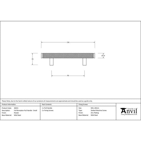 From The Anvil - Pewter Full Brompton Pull Handle - Small | Sku. 46915 | Trade Door Handles.