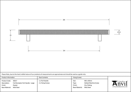 From The Anvil - Pewter Full Brompton Pull Handle - Large | Sku. 46917 | Trade Door Handles.