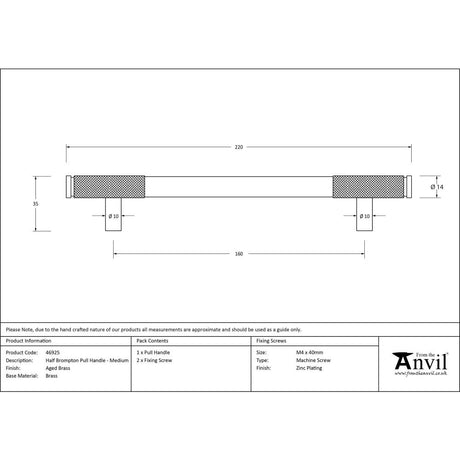 From The Anvil - Aged Brass Half Brompton Pull Handle - Medium | Sku. 46925 | Trade Door Handles.