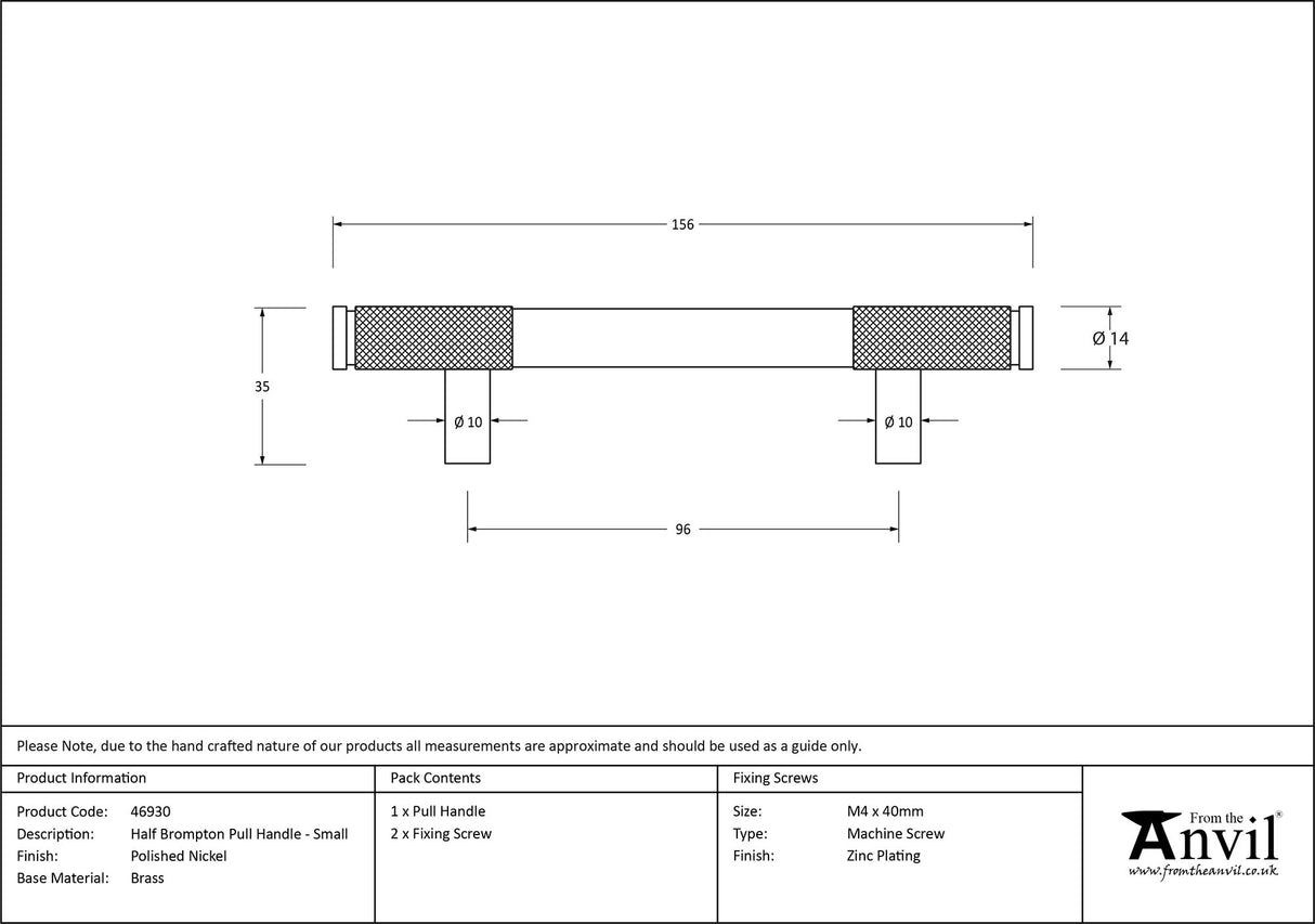 From The Anvil - Polished Nickel Half Brompton Pull Handle - Small | Sku. 46930 | Trade Door Handles.