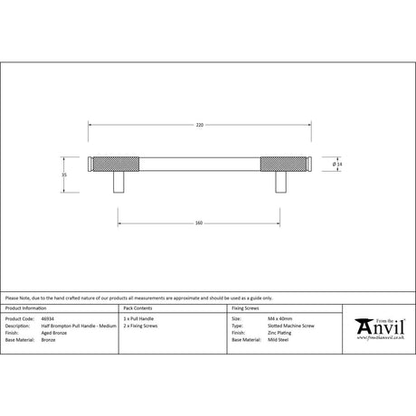 From The Anvil - Aged Bronze Half Brompton Pull Handle - Medium | Sku. 46934 | Trade Door Handles.