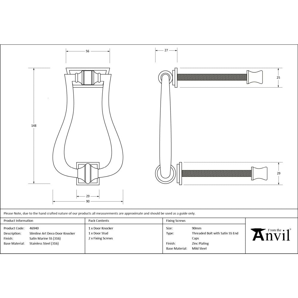 From The Anvil - Satin Marine SS (316) Slimline Art Deco Door Knocker | Sku. 46940 | Trade Door Handles.