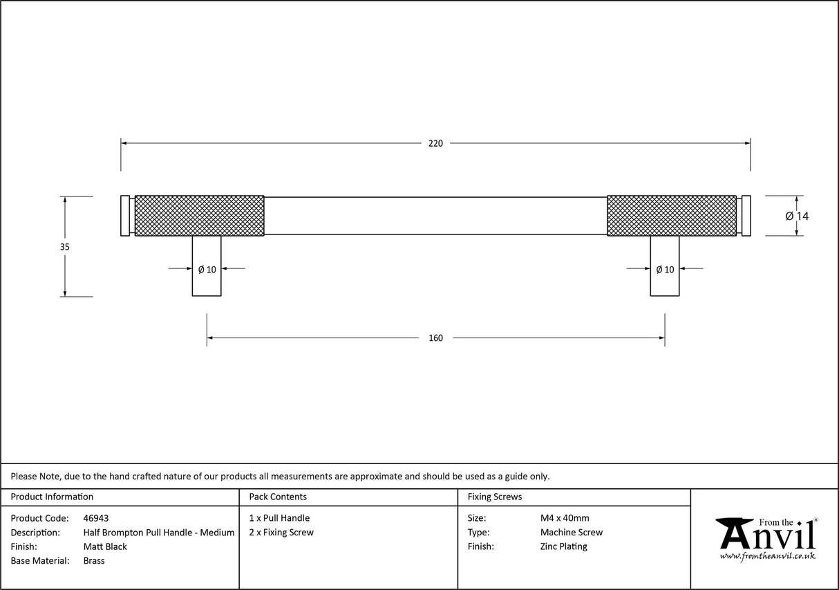 From The Anvil - Matt Black Half Brompton Pull Handle - Medium | Sku. 46943 | Trade Door Handles.