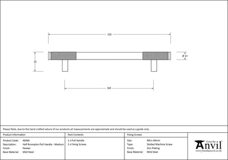 From The Anvil - Pewter Half Brompton Pull Handle - Medium | Sku. 46946 | Trade Door Handles.