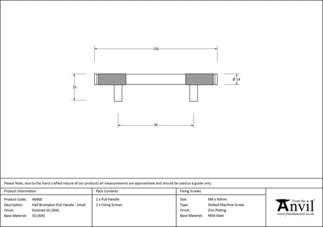 From The Anvil - Polished SS (304) Half Brompton Pull Handle - Small | Sku. 46948 | Trade Door Handles.