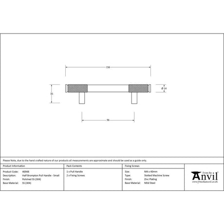 From The Anvil - Polished SS (304) Half Brompton Pull Handle - Small | Sku. 46948 | Trade Door Handles.