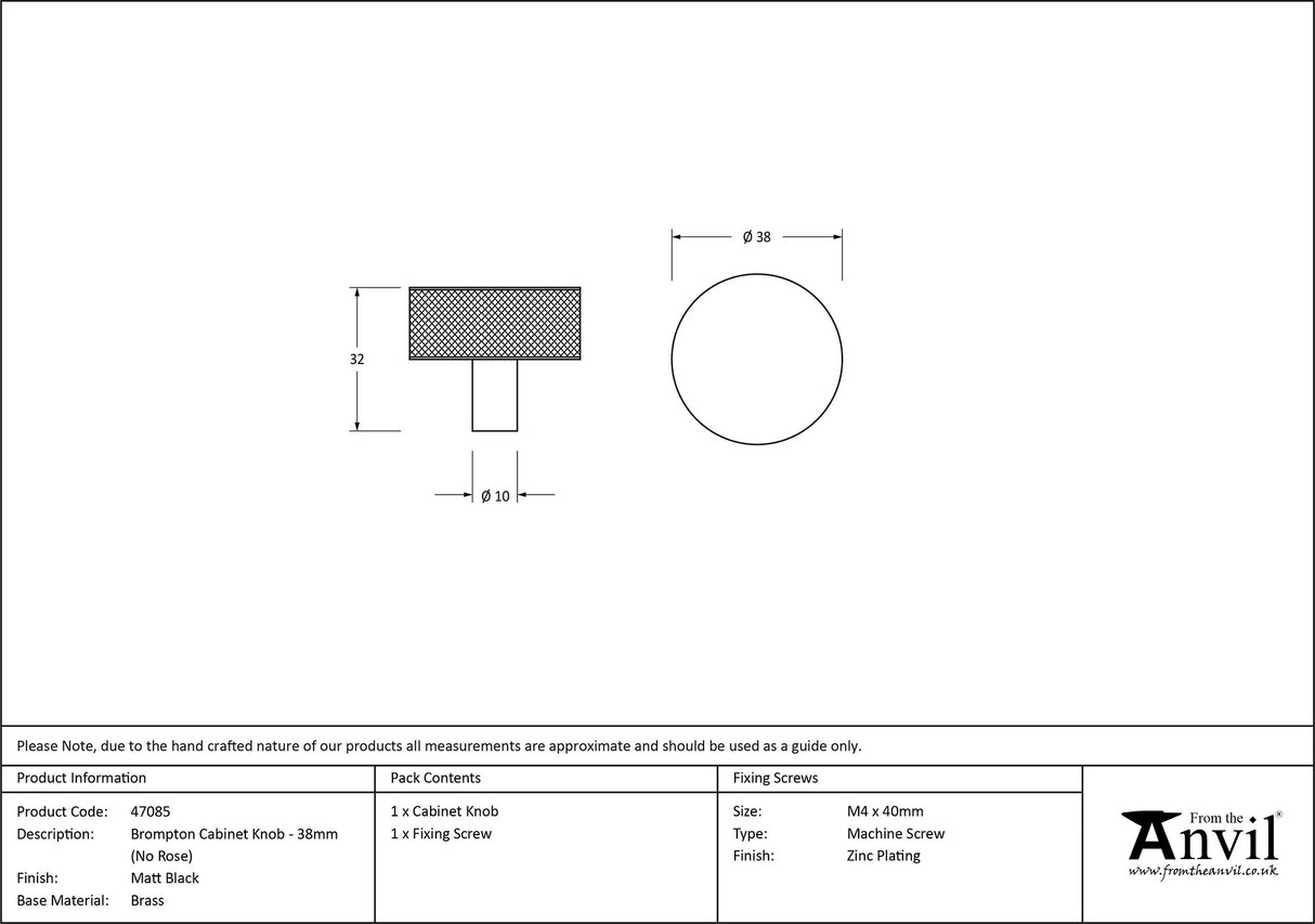 From The Anvil - Matt Black Brompton Cabinet Knob - 38mm (No rose) | Sku. 47085 | Trade Door Handles.