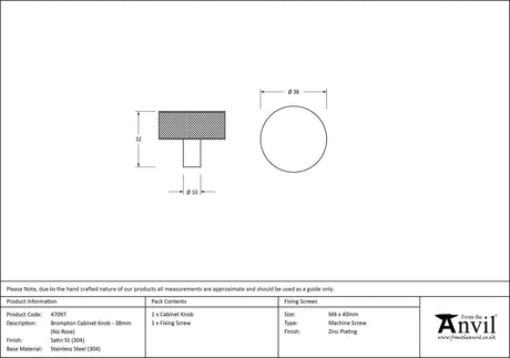 From The Anvil - Satin SS (304) Brompton Cabinet Knob - 38mm (No rose) | Sku. 47097 | Trade Door Handles.