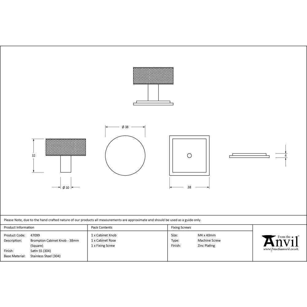 From The Anvil - Satin SS (304) Brompton Cabinet Knob - 38mm (Square) | Sku. 47099 | Trade Door Handles.